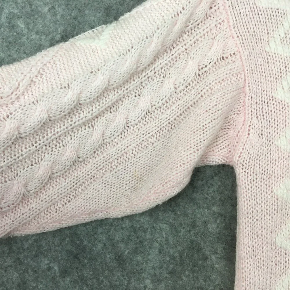 Vintage Grandma Sweater M Pastel Pink Cable Knit Oversized Balloon Sleeve White